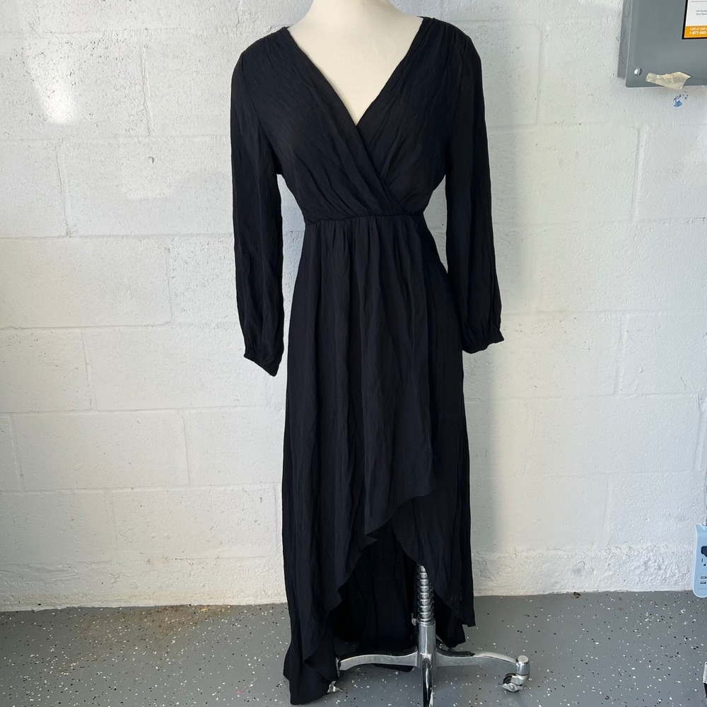 Unbranded Women Maxi Dress Crinkle High-Low Surplice V-Neck Black Size S‎